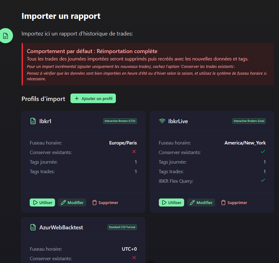 Liste des profils d'import